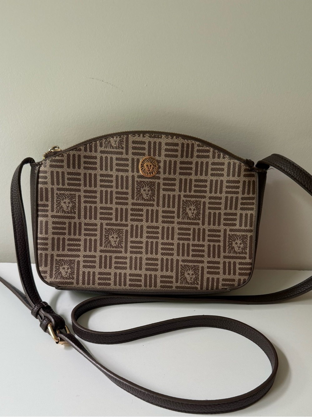 Anne Klein Brown Patterned Crossbody with Gold Emblem